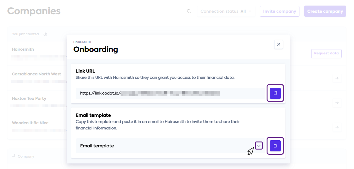 An image of the Onboarding window for a company called Hairosmith is open. Two options, Link URL and Email template, are visible. Each option has a copy button next to it that is highlighted. The email template option also has a dropdown icon highlighted next to it. In the background, the contents of the Companies tab are visible.